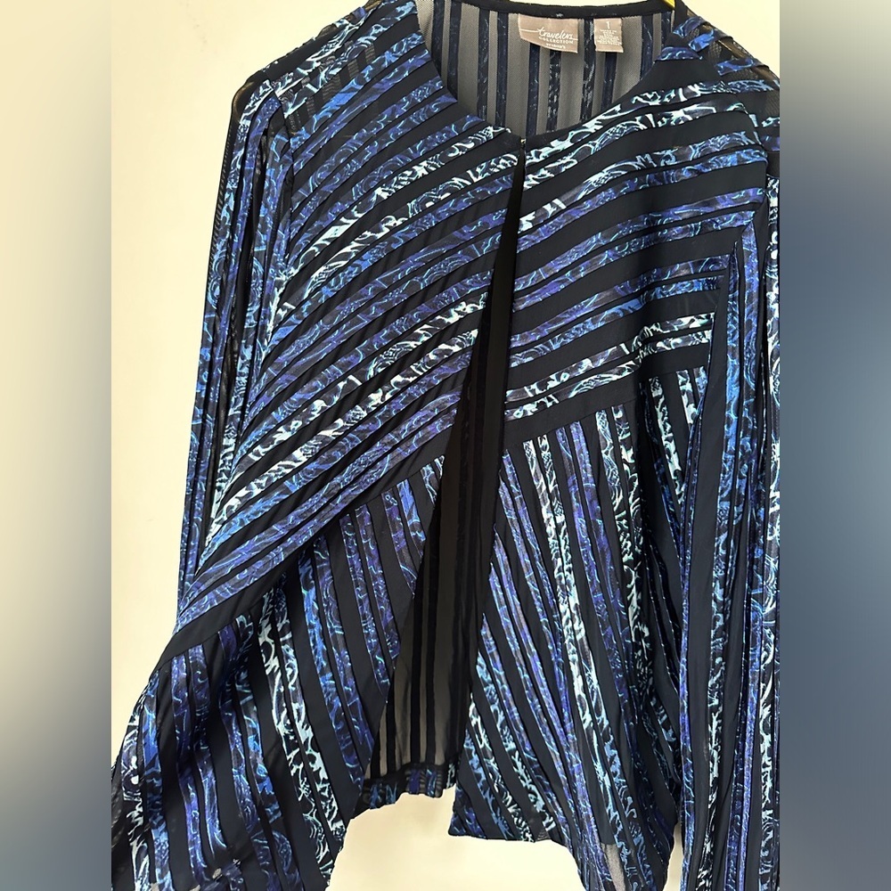 Chico’s Travelers Blue Mesh Satin Semi Sheer Open Cardigan Size 1 (US Medium) - Picture 4 of 6